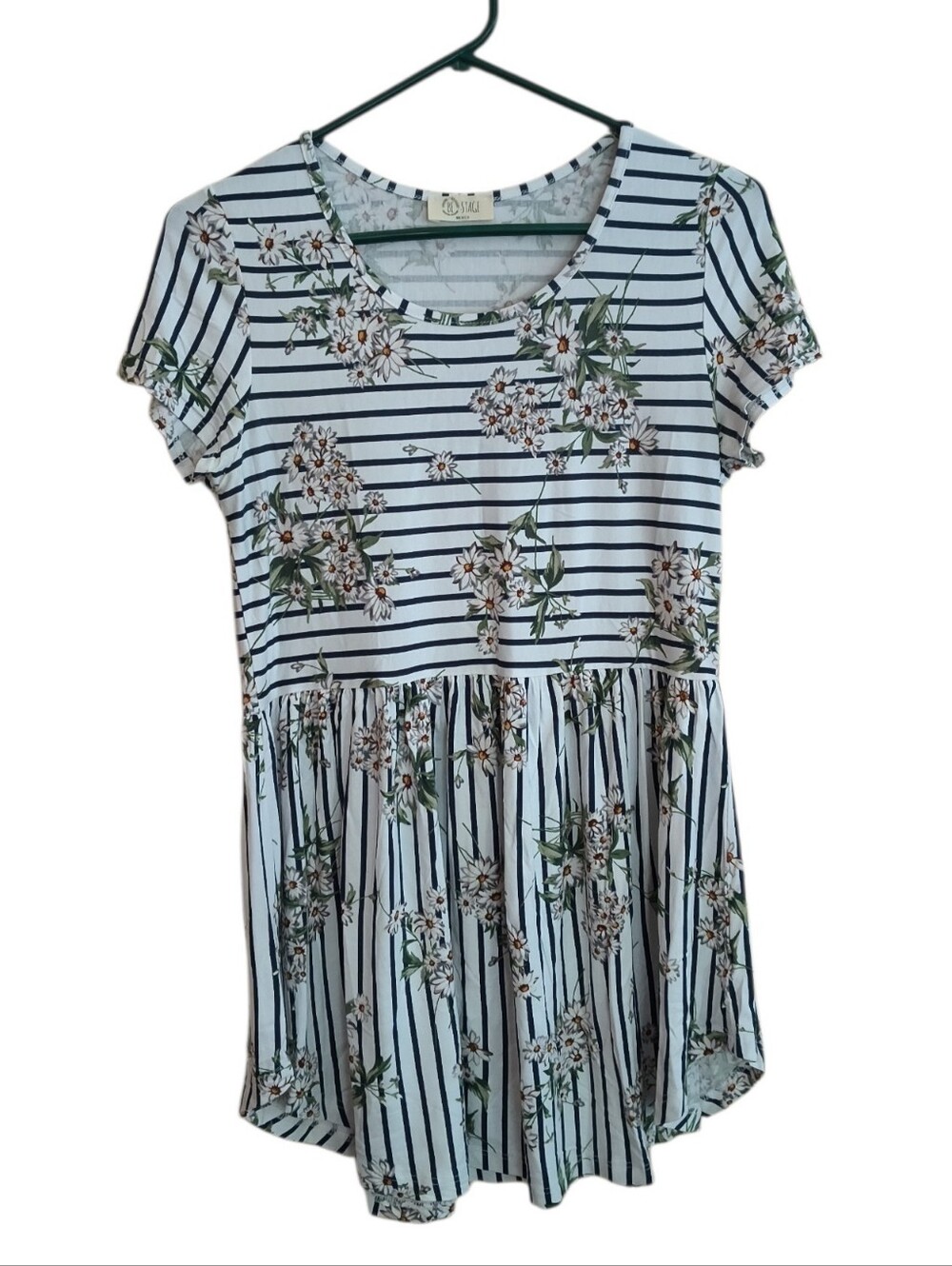 Be Stage Floral Stripe Short Sleeve Peplum Top Size ?